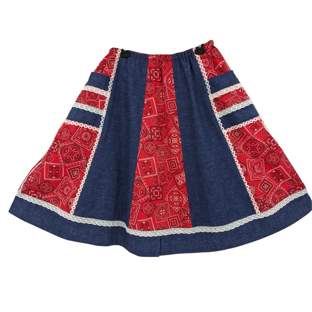 Vintage 1970's CAREFREE FASHIONS Reversible Denim Bandana Patchwork Midi Skirt L